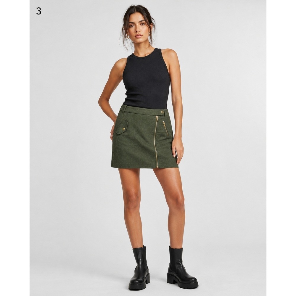 J. CREW Mini Skirt Womens 2 Olive Green Wool Blend Front Zip‎ Pockets Lined